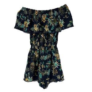 Plumberry Romper Off The Shoulder Ruffle Size L Blue Tropical Floral Beach Wear